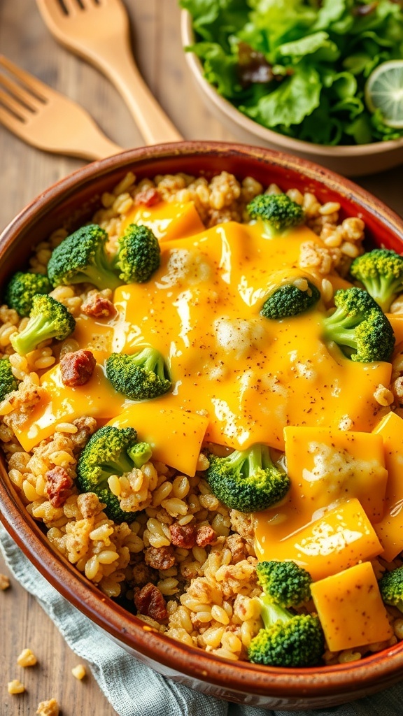 Ground beef and broccoli rice casserole topped with melted cheese in a rustic baking dish.